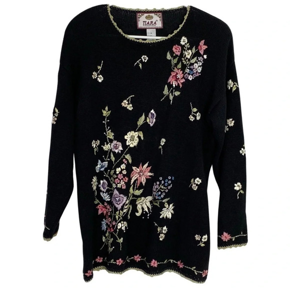 Vintage Floral Embroidered Y2K Pullover Sweater Tunic Womens Size Medium Black - Picture 1 of 13